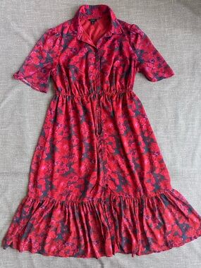 Halogen Red Pink Floral Shirt Dress Women’s Size 2X Tie Waist Midi Ruffle Hem